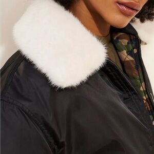 Anthropologie NVLT black bomber jacket with white faux fur collar XS NWT